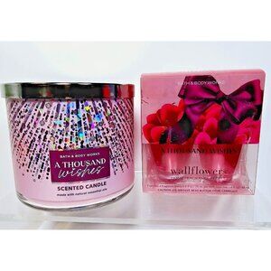 A THOUSAND WISHES Home Set Bath & Body Works Scented 3 Wick Candle 2 Wallflowers